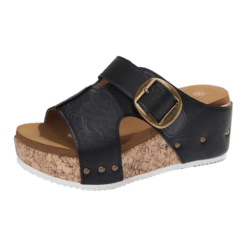 2026 Damen-Sandalen für den Sommer, lässige Plateau-Hausschuhe mit offener Spitze Schnallenriemen, Obermaterial für den täglichen Gebrauch, bequemes Outdoor Schuhe Wasserdicht Damen (Black, 41) von Generisch