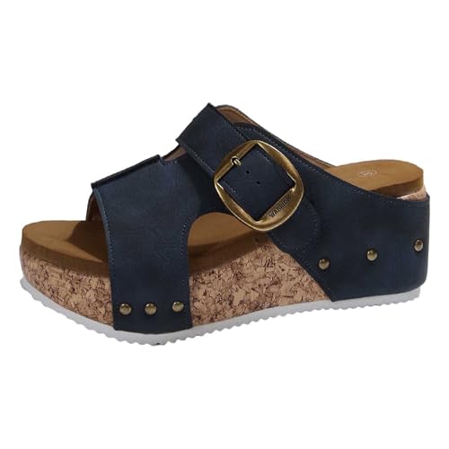 2026 Damen-Sandalen für den Sommer, lässige Plateau-Hausschuhe mit offener Spitze Schnallenriemen, Obermaterial für den täglichen Gebrauch, bequemes Outdoor Schuhe Wasserdicht Damen (Navy, 41) von Generisch