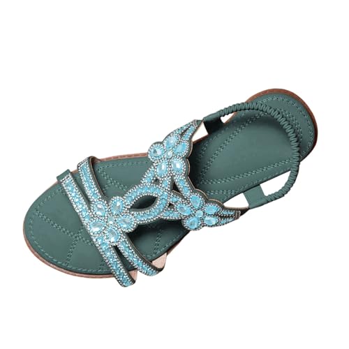 2026 Damen Sandalen mit Strasssteinen, Slingback, Sandalen mit elastischem Knöchelriemen, lässig, böhmische Strandschuhe Damen Schuhe Gelb (Green, 42) von Generisch