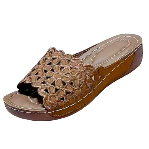2026 Damen Sommerschuhe Sandalen mit Keilabsatz, lässig, offener Zehenbereich, bequem, Strandschuhe Schuhe Silber Damen Sommer (Brown, 42) von Generisch