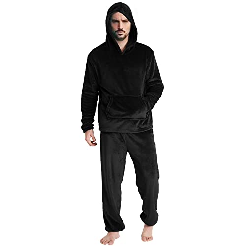 2026 - Mens Fashion Leisure Soft Home Solid Color Shirt Pants Pyjama Set Home Service Zweiteiler Long Fleece Warm Hoodie Pyjamas Nicki Bademantel (Black, XXXL) von Generisch