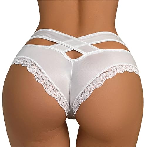 2026 - Spitzen-Unterhose für Damen, transparente Mesh-Haken-Slips, atmungsaktiv, niedrige Taille, Nahtlose Unterhose Unterwäsche Damen String Set Rot (White, S) von Generisch
