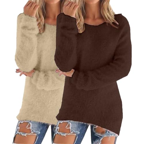 2Er Pack Pullover Damen Winter Warme Rundhalsausschnitt Pullover Weicher Plüsch Damen Herbst Langarm Pulli Sweatshirt Oberteil Sweatshirts Winterpullover Sweaters Strickpulli Wollpullover von Generisch