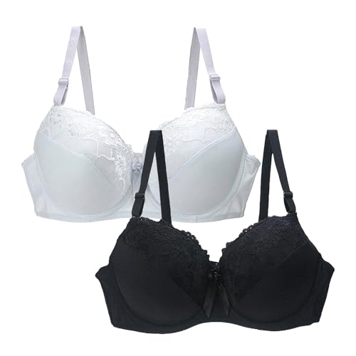 2er Pack BH Damen mit Bügel,Push Up BH Große Brüste Starker Halt Bügelloser Vollschalen Floraler Spitze Soft Bralette mit Gepolsterten Bequemer Bustier für Alltag Yoga Trainings von Generisch