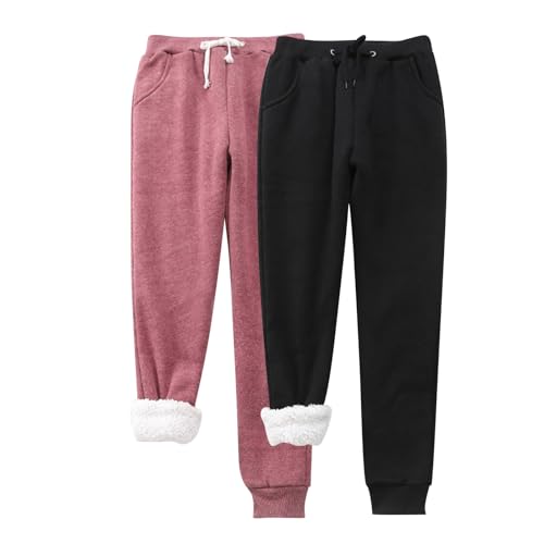 2er-Pack Baggy-Jogginghose für Damen, Fleece-gefüttert, elastische Taillenhose für Damen, mit Taschen, einfarbig, Jogginghose für Damen, kurzes Bein, Winter, warme Trainingshose, Loungehose für Damen, von Generisch