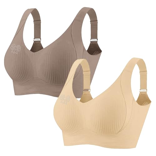 2er Pack Damen-BHS Nylon Sport BH Ohne Bügel Seamless Push Up für Frauen Diamanten Klassische Bequem Bra Atmungsaktiv Unterwäsche Fitness Bras Alltag Verstellbar Träger BH 18 Beige M von Generisch