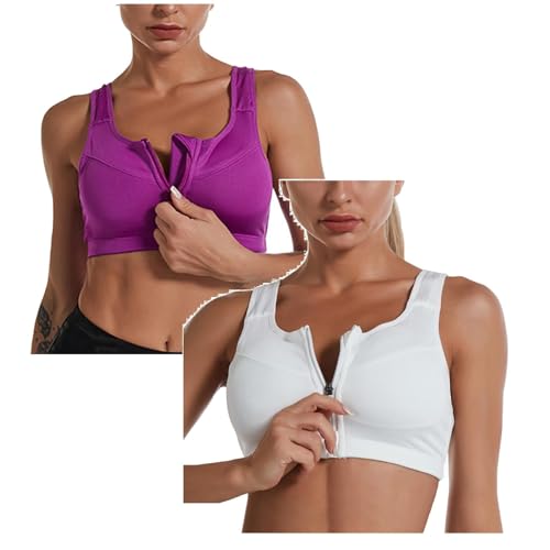 2er Pack Damen Postoperativer Sport BH Bügelloser Vorderverschluss Racerback Kompressions BH Reißverschluss Bequemer BH Nach Brust Op Seamless Starker Halt Sport Bustier Für Alltag Yoga Fitness von Generisch