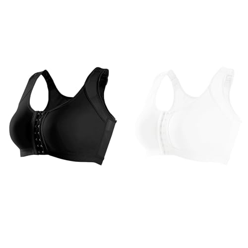 2er Pack Damen Postoperativer Sport BH Ohne Bügel Vorderverschluss Racerback Kompressions BH Haken Und Öse Komfort BH Nach Brust Op Nahtlose Starker Halt Sport Bustier Joggen Yoga Fitness Bra von Generisch