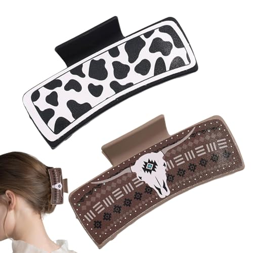 2er-Pack Western-Haarklammern Aus Leder, 10.5x5.2cm Tragbar Western-Gelb-Chrysanthemen-Kuh-Print-Stil, Haarklammer Claw Clip Haarspangen Damen, Hair Claw Clips Bequem Und Nicht Einkerbend von Generisch