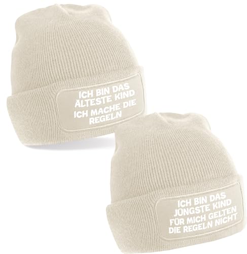 2er oder 3er Set One Size Beanie, Mütze mit Spruch: Das Jüngste, Das Mittlere, Das Älteste Kind - Regeln der Familie (DE/NL/SE/PL, Alphanumerisch, Einheitsgröße, 2er Set Mützen beige) von Generisch