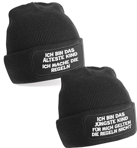 2er oder 3er Set One Size Beanie, Mütze mit Spruch: Das Jüngste, Das Mittlere, Das Älteste Kind - Regeln der Familie (DE/NL/SE/PL, Alphanumerisch, Einheitsgröße, 2er Set Mützen schwarz) von Generisch