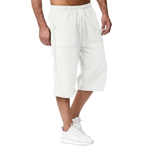 3/4 Hose Herren Sommer Leichte Leinenhose Lockere Weite Hosen Dreiviertelhose Lässige Elastischer Bund Drawstring Sommerhose Leinen Baumwolle Stoffhose Freizeithose Männer Bermuda Shorts mit Tasche von Generisch