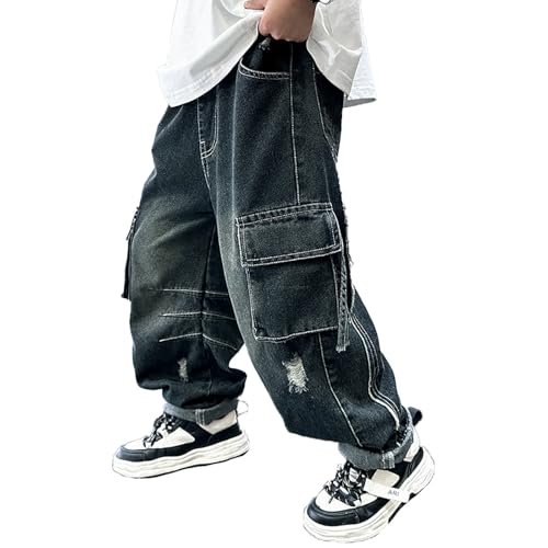 3-13 Jahre Baggy Fit Jeans Jungen Weite Bein Loose Fit Denim Hosen mit Elastischem Bund und Taschen Kinder Relaxed Lässige Jeanshose Mode Stretch Streetwear Frühling Freizeithose von Generisch