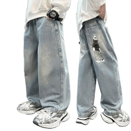 3-13 Jahre Baggy Fit Jeans Jungen Weite Bein Loose Fit Denim Hosen mit Elastischem Bund und Taschen Kinder Relaxed Lässige Jeanshose Mode Stretch Streetwear Frühling Freizeithose von Generisch