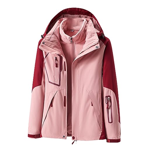 3 In 1 Regenjacke Mit Herausnehmbarer Fleecejacke Damen, Kapuzenmantel Damen Outdoorjacke Patchwork Windbreaker Skijacke Sport Jacke Herbst Wintermantel Abnehmbarer Windbreaker Leicht Steppmantel von Generisch