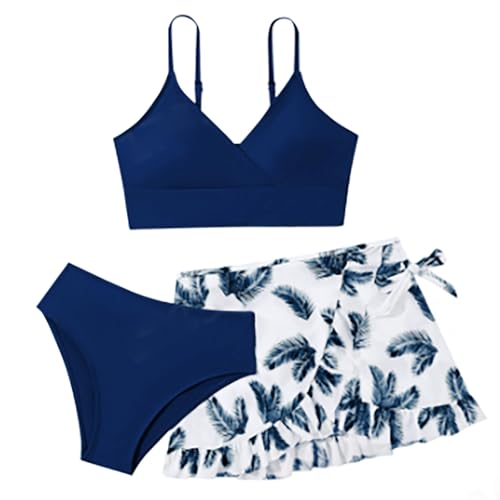 3 Stück Bikini Mädchen Sets,Badeanzüge für Mädchen Bikini, Kinder Einfarbige Badeanzug mit Blatt Drucken Rock Sommer Strand Bademode Badebekleidung Schwimmanzug Set für 8-16 Jahre von Generisch