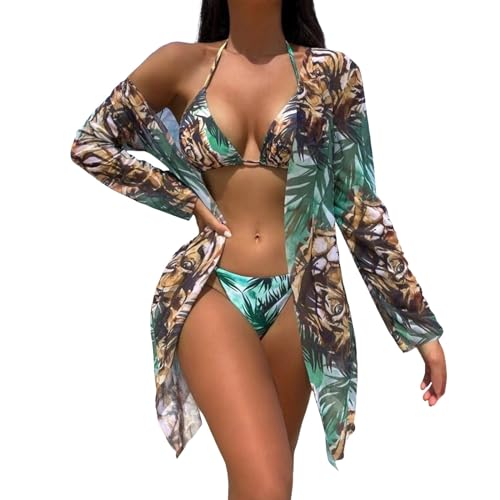 3 Stück Bikini Set mit Strandkleid für Damen Tropische Sexy Badeanzüge Strandkleid Pareos Sommer Strand Cardigan Bikini Cover Up (Stil 02, S) von Generisch