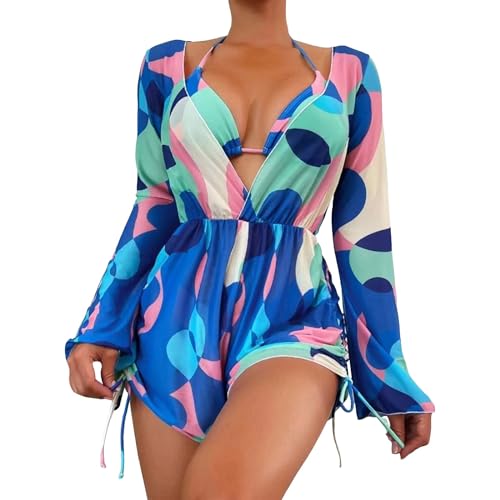 3 Stück Bikini Set mit Strandkleid für Damen Tropische Sexy Badeanzüge Strandkleid Pareos Sommer Strand Cardigan Bikini Cover Up (Stil 09, L) von Generisch