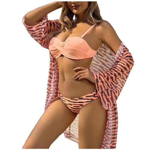 3 Stück Bikini Set mit Strandkleid für Damen Tropische Sexy Badeanzüge Strandkleid Pareos Sommer Strand Cardigan Bikini Cover Up (Stil 14, M) von Generisch