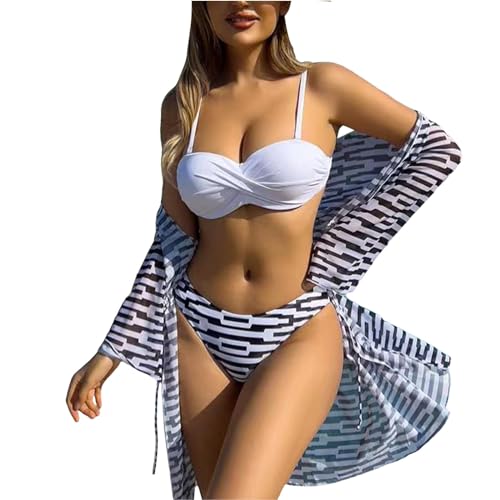 3 Stück Bikini Set mit Strandkleid für Damen Tropische Sexy Badeanzüge Strandkleid Pareos Sommer Strand Cardigan Bikini Cover Up (Stil 15, XL) von Generisch