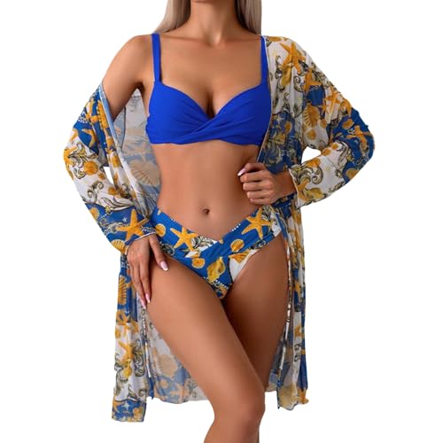 3 Stück Bikini Set mit Strandkleid für Damen Tropische Sexy Badeanzüge Strandkleid Pareos Sommer Strand Cardigan Bikini Cover Up (Stil 18, L) von Generisch