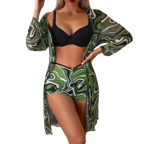 3 Stück Bikini Set mit Strandkleid für Damen Tropische Sexy Badeanzüge Strandkleid Pareos Sommer Strand Cardigan Bikini Cover Up (Stil 19, M) von Generisch