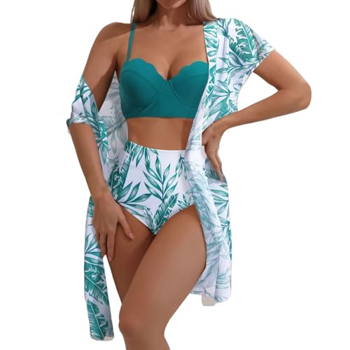 3 Stück Bikini Set mit Strandkleid für Damen Tropische Sexy Badeanzüge Strandkleid Pareos Sommer Strand Cardigan Bikini Cover Up (Stil 30, L) von Generisch