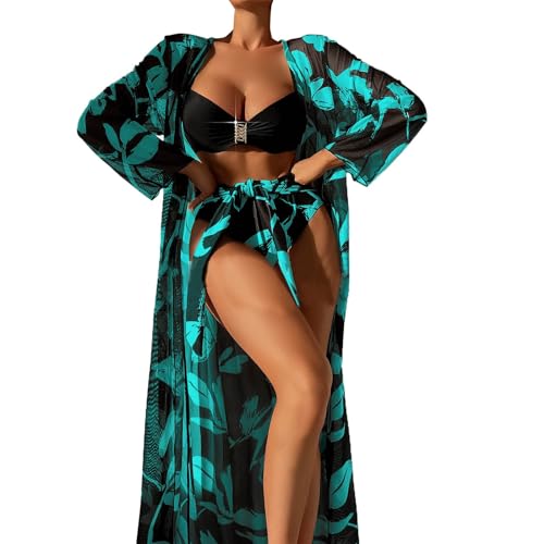 3 Stück Bikini Set mit Strandkleid für Damen Tropische Sexy Badeanzüge Strandkleid Pareos Sommer Strand Cardigan Bikini Cover Up (Stil 36, L) von Generisch