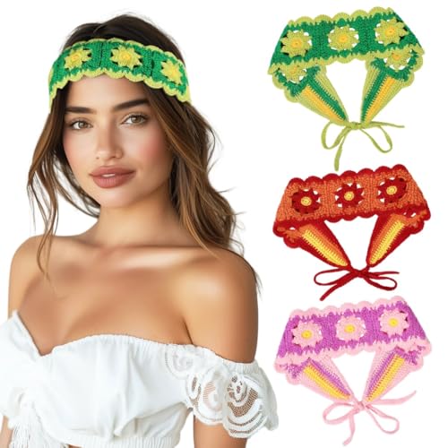 3 Stück Floral Bohemian Stirnbänder Damen Verstellbare Haarbänder mit Bindebändern und Strickdesign von Generisch