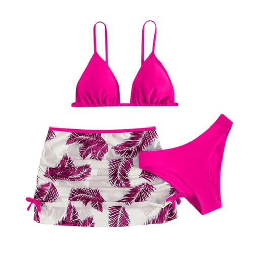 3 Stück Mädchen Bikini Sets Kinder Einfarbig Badeanzug mit Verstellbare Schultergurte Bikinioberteil mit Triangel Bikinihose Und Bedruckte Kurz Rocks Teenager Badeanzüge Bademode Badebekleidung von Generisch