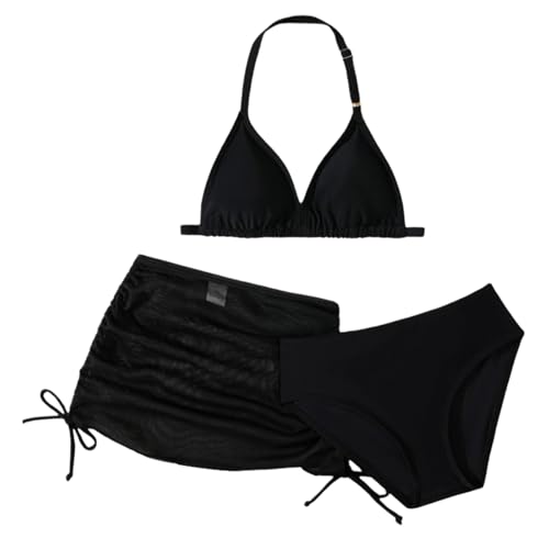 3 Stück Mädchen Bikini Sets Kinder Einfarbig Badeanzug mit Verstellbare Schultergurte Bikinioberteil mit Triangel Bikinihose Und Bedruckte Kurz Rocks Teenager Badeanzüge Bademode Badebekleidung von Generisch