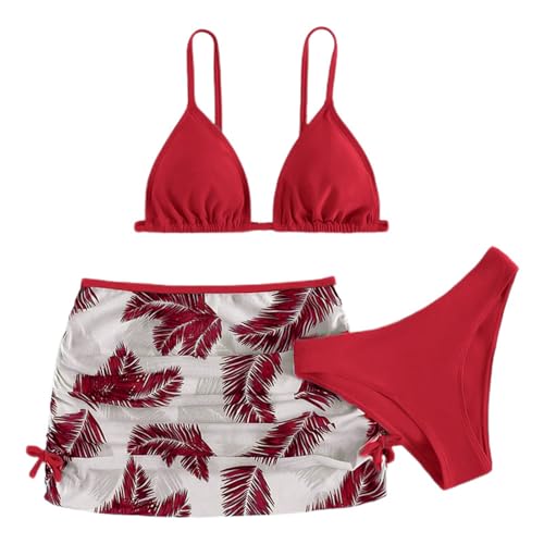 3 Stück Mädchen Bikini Sets Kinder Einfarbig Badeanzug mit Verstellbare Schultergurte Bikinioberteil mit Triangel Bikinihose Und Bedruckte Kurz Rocks Teenager Badeanzüge Bademode Badebekleidung von Generisch