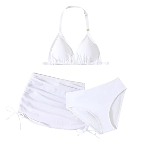 3 Stück Mädchen Bikini Sets Kinder Einfarbig Badeanzug mit Verstellbare Schultergurte Bikinioberteil mit Triangel Bikinihose Und Bedruckte Kurz Rocks Teenager Badeanzüge Bademode Badebekleidung von Generisch