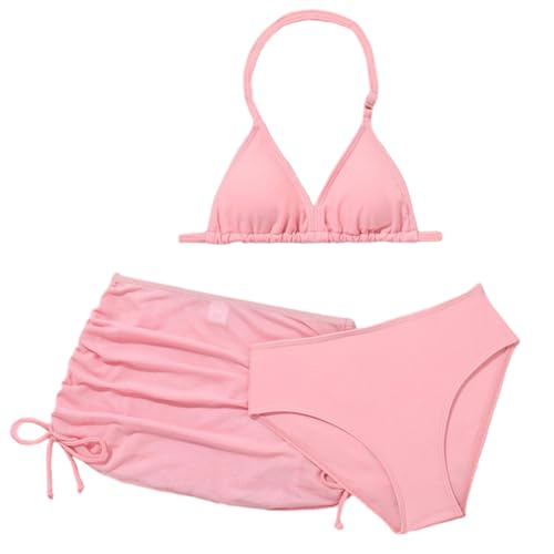 3 Stück Mädchen Bikini Sets Kinder Einfarbig Badeanzug mit Verstellbare Schultergurte Bikinioberteil mit Triangel Bikinihose Und Bedruckte Kurz Rocks Teenager Badeanzüge Bademode Badebekleidung von Generisch