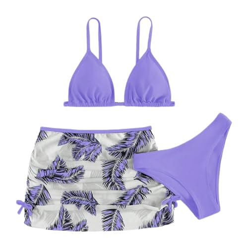 3 Stück Mädchen Bikini Sets Kinder Einfarbig Badeanzug mit Verstellbare Schultergurte Bikinioberteil mit Triangel Bikinihose Und Bedruckte Kurz Rocks Teenager Badeanzüge Bademode Badebekleidung von Generisch