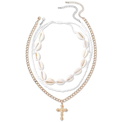 3 Stück Muschel Halskette Set, muschelkette, Natürliche Muschelketten, Layering Kette Goldn, Damen Natural Shell Choker Halsketten, Boho Muschelkette, für Damen Mädchen Sommer Strand Schmuck von Generisch