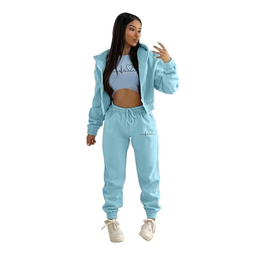 3 Stücke Damen Jogginganzug Damen Langarm Kapuzenjacke + Crop Top + Jogginghose Mit Taschen Baggy Elegant Sportanzüge Yoga Outfit Kapuzenpullover Sporthose Set Freizeitanzug Trainingsanzug (B Blue, S) von Generisch
