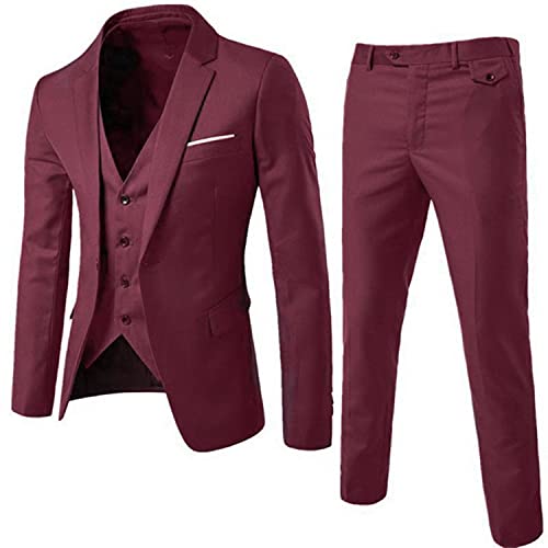 3-Teiliger Business-Anzug Für Herren 1 Knöpfe Schmale Einfarbige Jacke Smoking Anzüge Elegante Hochzeits-Blazer-Weste-Hose (6XL,Rot) von Generisch