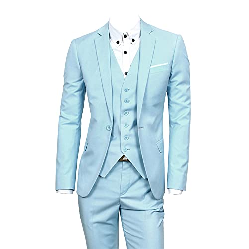 3-Teiliger Business Anzug Für Herren 1 Knöpfe Schmale Einfarbige Jacke Smoking Anzüge Elegante Hochzeits-Blazer Weste Hose (M,Hellblau) von Generisch