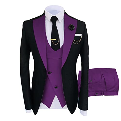 3 Teiliger Slim Fit Anzug für Herren Stilvolle Blazer Sets mit Einem Knopf und Revers Casual Party Hochzeit Jacke Weste Hosen Set (XL,Violett) von Generisch