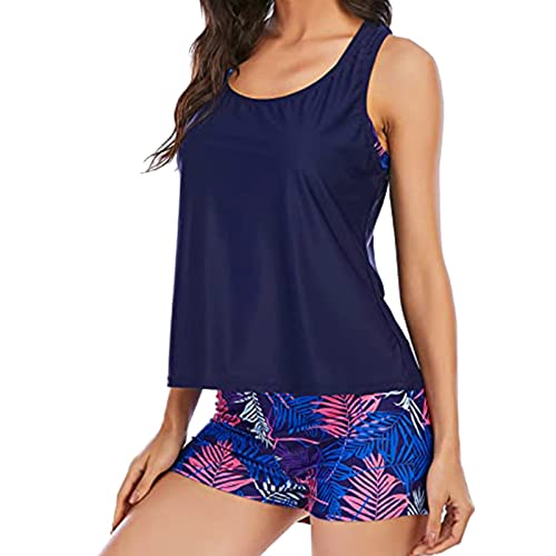 3-Teiliger Tankini Damen Bauchweg Bademode Set Tank Top mit Push up Bikinioberteil und High Waist Badeshorts Boho Einfache Badebekleidung Damen Sport Badeanzug für Schwimmbad Strand(Dunkelblau, XXL) von Generisch