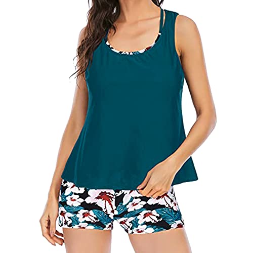 3-Teiliger Tankini Damen Bauchweg Bademode Set Tank Top mit Push up Bikinioberteil und High Waist Badeshorts Boho Einfache Badebekleidung Damen Sport Badeanzug für Schwimmbad Strand(Grün, L) von Generisch