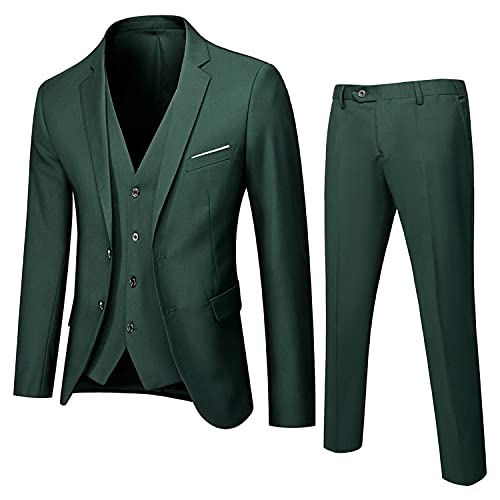 3 Teiliges Classic Fit Anzug Set Für Herren 1 Knopf Casual Slim Ballkleid Anzüge Business Einfarbige Smokingjacke Weste Hose (Grün,5XL) von Generisch