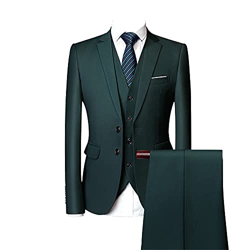 3-Teiliges Slim Fit Anzugset Für Herren Business-Hochzeits-Abschlussball-Anzüge Mit 2 Knöpfen Vollbusige Party Blazer-Weste-Hose (L,Grün) von Generisch