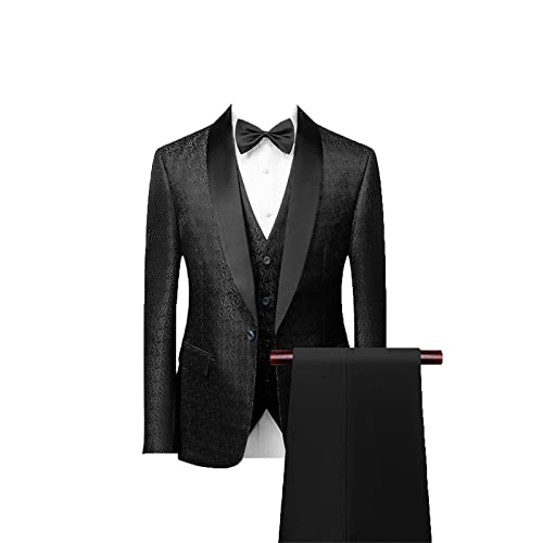 3-teiliger Jacquard-Hochzeitsanzug für Herren Klassische Schmale Blazer Westenhose mit Einem Knopf Vintage Trauzeugen Smoking Anzüge Set (3XL,Schwarz) von Generisch