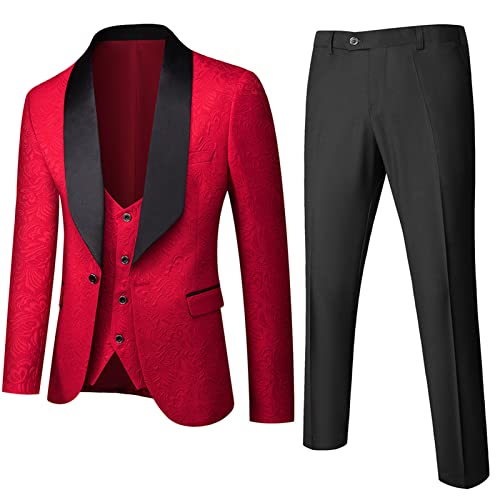 3 teiliger Jacquard Hochzeitsanzug für Herren Vintage Trauzeugen Smoking Anzüge Set Slim Skinny Blazer Weste mit Einem Knopf (4XL,Rot) von Generisch