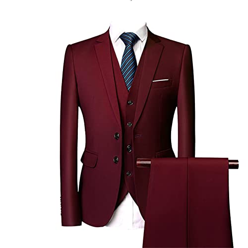 3-teiliger Slim Fit Anzug für Herren Solides Business Blazer Set mit Zwei Knöpfen Lässige elegante Hochzeitsjacke, Weste, Hose (Rot 2,L) von Generisch