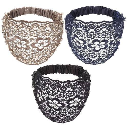 3-teiliges Set Boho-Chic mit Kristallen und Perlen verziert, breite Stirnbänder für Damen, luxuriös, stilvolle Spitzen-Haar-Accessoires (3 Stück-F) von Generisch