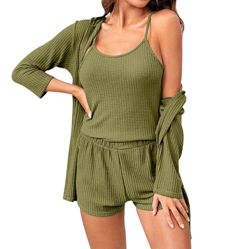 3-teiliges Set Loungewear Pyjama mit Bademäntel-Set Damen Schlafanzug Camitop Kurz Hausanzug Freizeitanzug Kombine-Set Damen Pyjama Set Lang, grün, M von Generisch