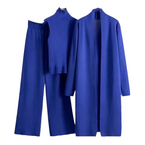 3-teiliges Strickjacken-Trainingsanzüge für Damen, solider Rollkragenpullover, Weste und gestrickte Hose mit weitem Bein, Blau GL223, S von Generisch